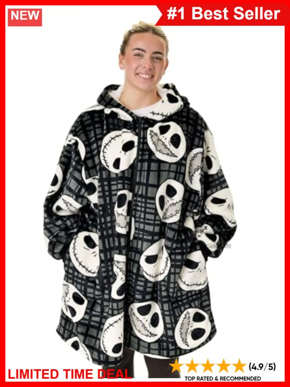 Nightmare Before Christmas Sherpa Hoodie Blanket Full Zip Plaid Loose Fit